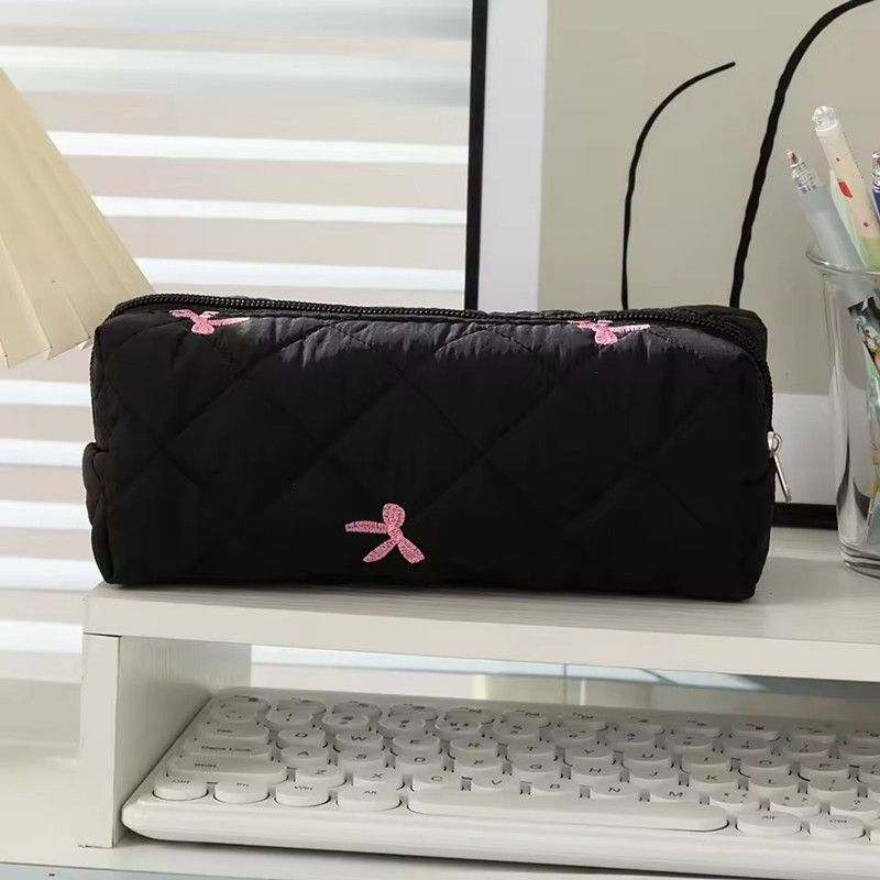 Cotton Quilted Bow Pencil Bags Floral INS Style Student Pen Pouch Large-Capacity Stationery Supplies