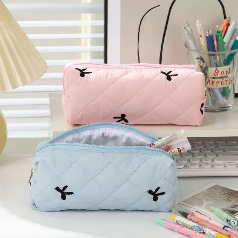 Cotton Quilted Bow Pencil Bags Floral INS Style Student Pen Pouch Large-Capacity Stationery Supplies