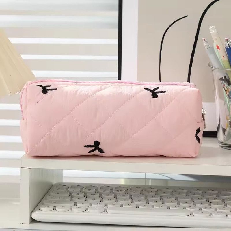 Cotton Quilted Bow Pencil Bags Floral INS Style Student Pen Pouch Large-Capacity Stationery Supplies