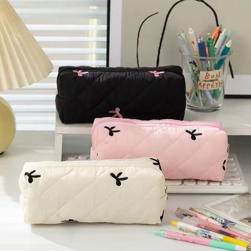 Cotton Quilted Bow Pencil Bags Floral INS Style Student Pen Pouch Large-Capacity Stationery Supplies