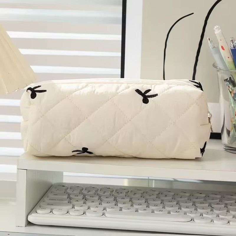 Cotton Quilted Bow Pencil Bags Floral INS Style Student Pen Pouch Large-Capacity Stationery Supplies