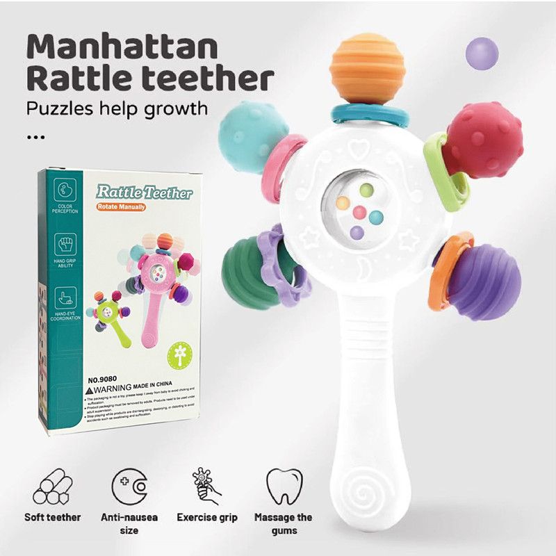 Silicone Teether Baby Toys 0 12 Months Rotating Rattle Ball Grasping Activity Baby Development Toy Baby Sensory Toys for Babies