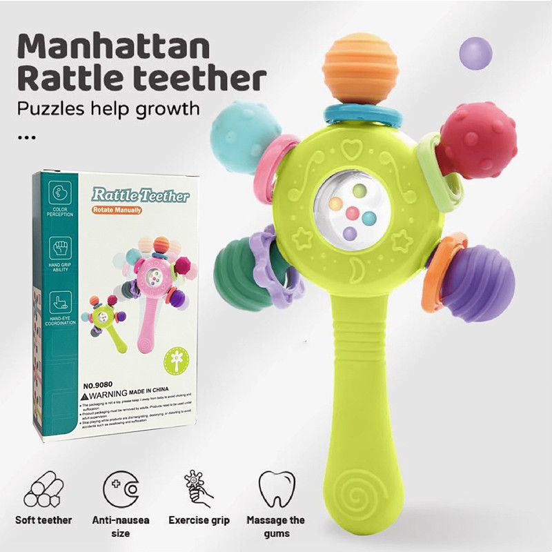 Silicone Teether Baby Toys 0 12 Months Rotating Rattle Ball Grasping Activity Baby Development Toy Baby Sensory Toys for Babies