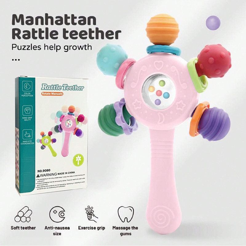 Silicone Teether Baby Toys 0 12 Months Rotating Rattle Ball Grasping Activity Baby Development Toy Baby Sensory Toys for Babies