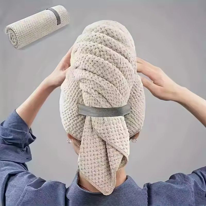 1PC Large Hair Drying Towel Solid Color Water Absorbent Microfiber Wrap with Elastic Strap Soft Quick Drying Towel for Hair