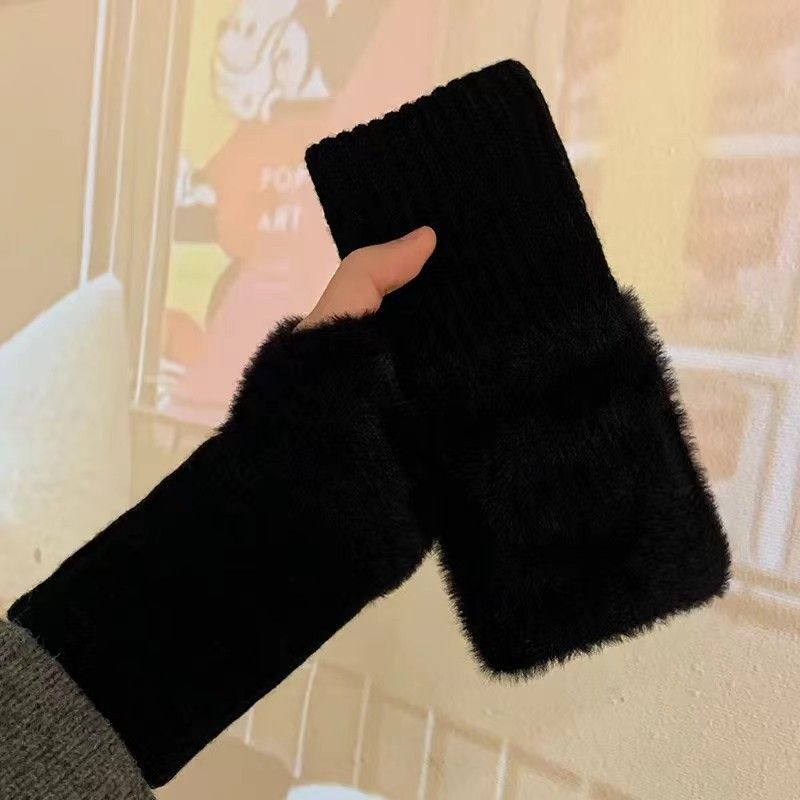 New Mink Fleece Half Finger Gloves for Women's Soft Winter Warmth Luxury Solid Color Plush Knitted Fingerless Gloves