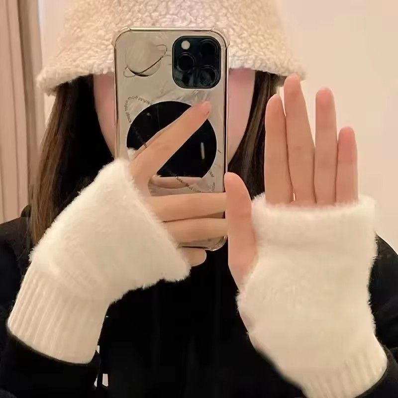 New Mink Fleece Half Finger Gloves for Women's Soft Winter Warmth Luxury Solid Color Plush Knitted Fingerless Gloves