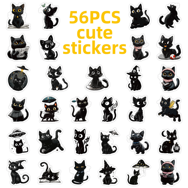 56PCS Cartoon Black Cat Stickers Cat DIY Luggage Notebook Skateboarding Motorcycle PVC Waterproof Stickers