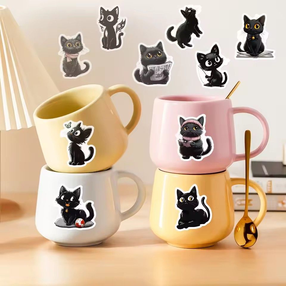 56PCS Cartoon Black Cat Stickers Cat DIY Luggage Notebook Skateboarding Motorcycle PVC Waterproof Stickers