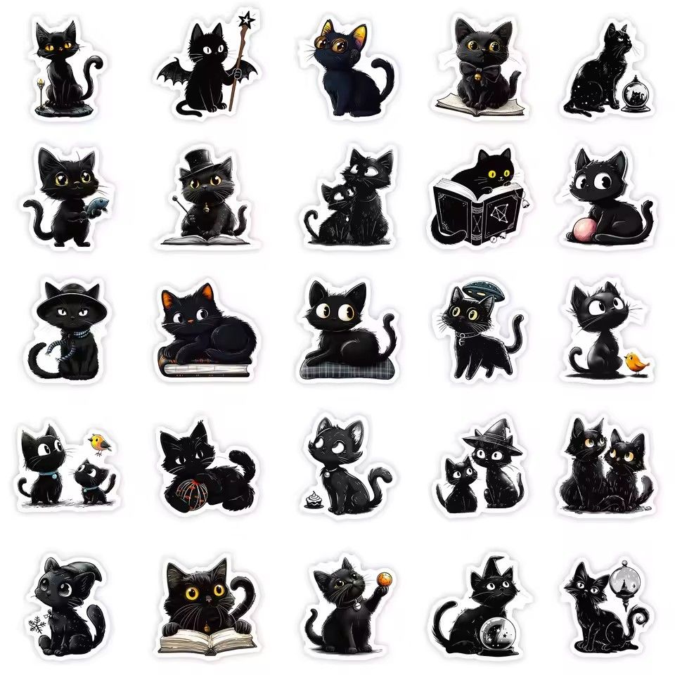 56PCS Cartoon Black Cat Stickers Cat DIY Luggage Notebook Skateboarding Motorcycle PVC Waterproof Stickers