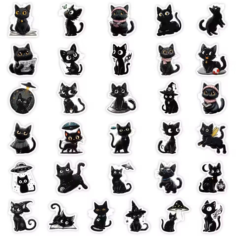 56PCS Cartoon Black Cat Stickers Cat DIY Luggage Notebook Skateboarding Motorcycle PVC Waterproof Stickers