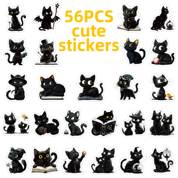 56PCS Cartoon Black Cat Stickers Cat DIY Luggage Notebook Skateboarding Motorcycle PVC Waterproof Stickers