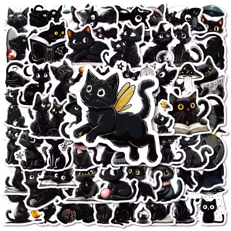 56PCS Cartoon Black Cat Stickers Cat DIY Luggage Notebook Skateboarding Motorcycle PVC Waterproof Stickers