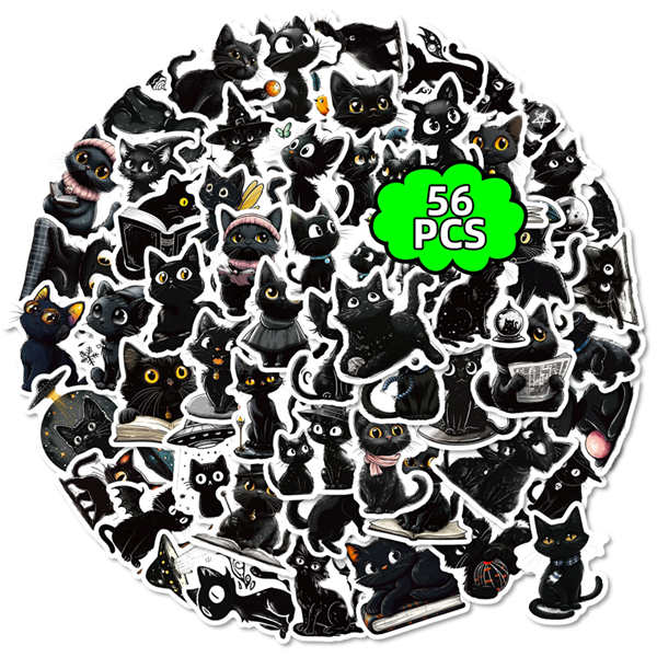 56PCS Cartoon Black Cat Stickers Cat DIY Luggage Notebook Skateboarding Motorcycle PVC Waterproof Stickers