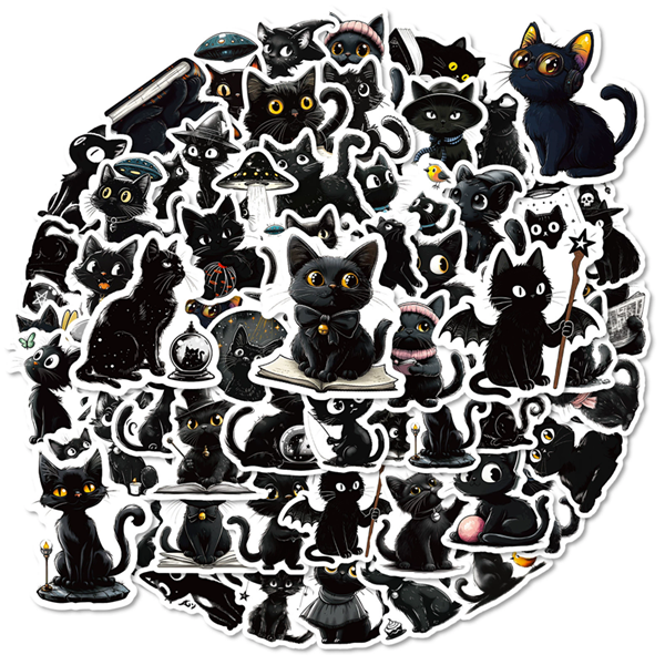 56PCS Cartoon Black Cat Stickers Cat DIY Luggage Notebook Skateboarding Motorcycle PVC Waterproof Stickers
