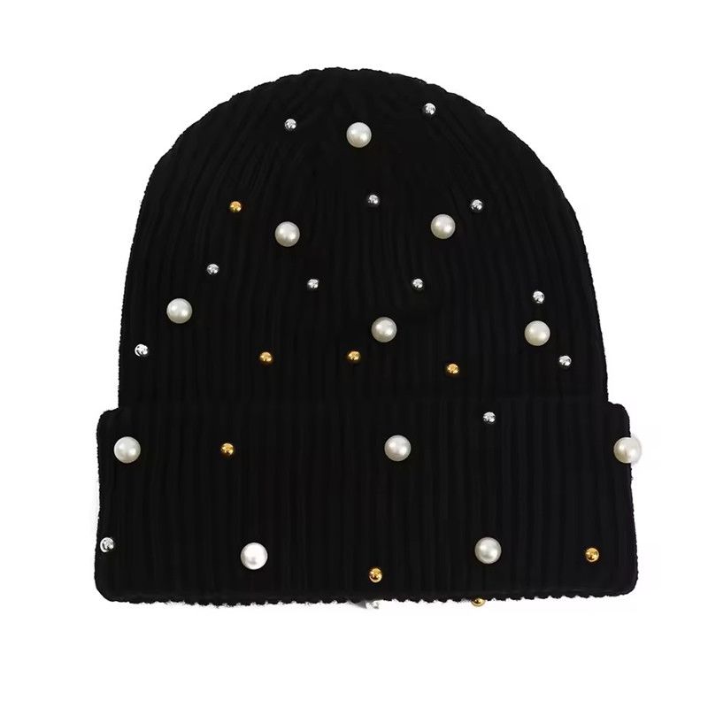 Solid Color Curled Edge Brimless Cap Pearl Decoration Shining Knitted Hat Fashuonable and Ersatile Outdoor Cold Proof Warm Hat