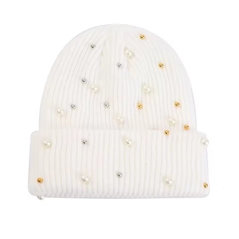 Solid Color Curled Edge Brimless Cap Pearl Decoration Shining Knitted Hat Fashuonable and Ersatile Outdoor Cold Proof Warm Hat
