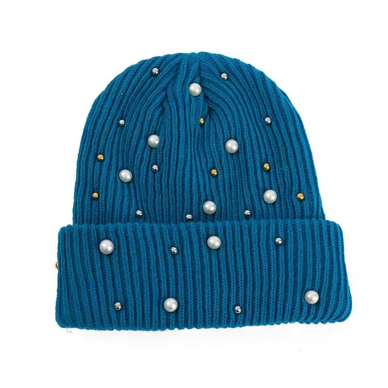 Solid Color Curled Edge Brimless Cap Pearl Decoration Shining Knitted Hat Fashuonable and Ersatile Outdoor Cold Proof Warm Hat