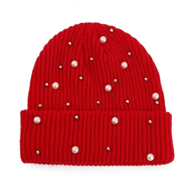 Solid Color Curled Edge Brimless Cap Pearl Decoration Shining Knitted Hat Fashuonable and Ersatile Outdoor Cold Proof Warm Hat