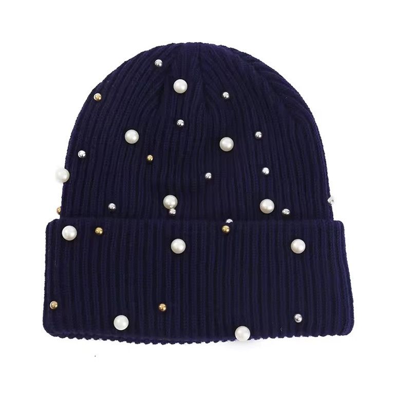 Solid Color Curled Edge Brimless Cap Pearl Decoration Shining Knitted Hat Fashuonable and Ersatile Outdoor Cold Proof Warm Hat