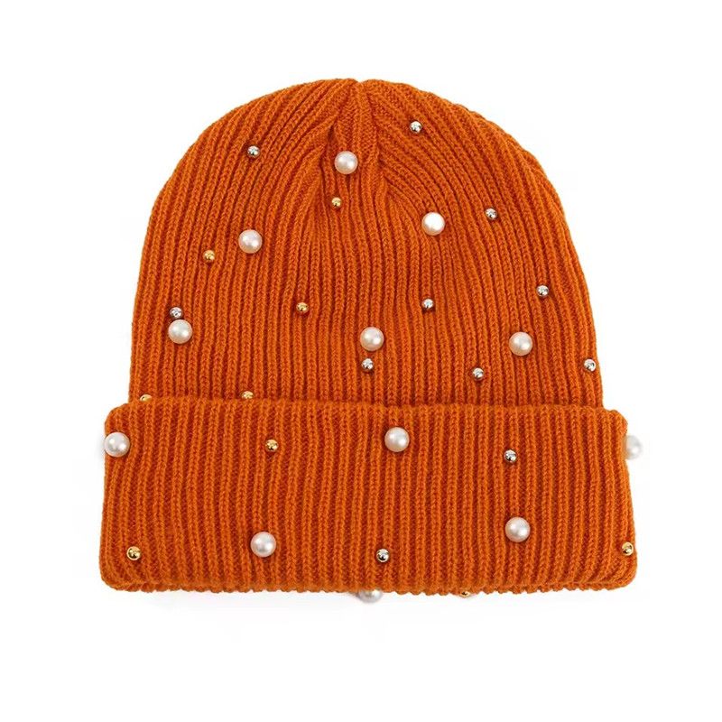 Solid Color Curled Edge Brimless Cap Pearl Decoration Shining Knitted Hat Fashuonable and Ersatile Outdoor Cold Proof Warm Hat