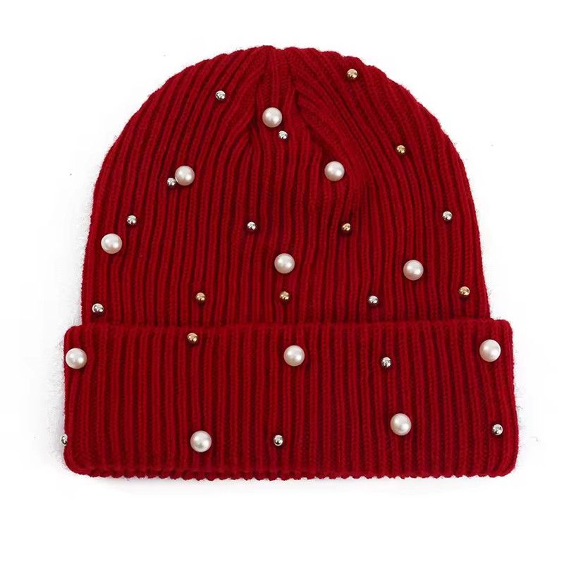 Solid Color Curled Edge Brimless Cap Pearl Decoration Shining Knitted Hat Fashuonable and Ersatile Outdoor Cold Proof Warm Hat