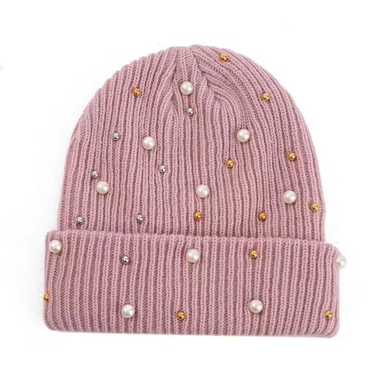 Solid Color Curled Edge Brimless Cap Pearl Decoration Shining Knitted Hat Fashuonable and Ersatile Outdoor Cold Proof Warm Hat