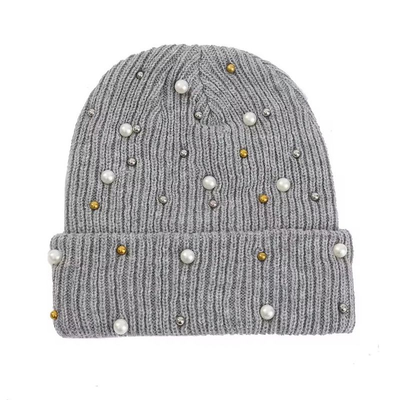 Solid Color Curled Edge Brimless Cap Pearl Decoration Shining Knitted Hat Fashuonable and Ersatile Outdoor Cold Proof Warm Hat