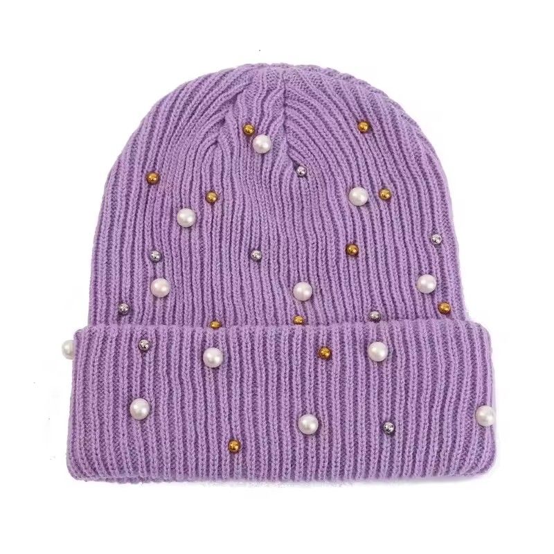 Solid Color Curled Edge Brimless Cap Pearl Decoration Shining Knitted Hat Fashuonable and Ersatile Outdoor Cold Proof Warm Hat
