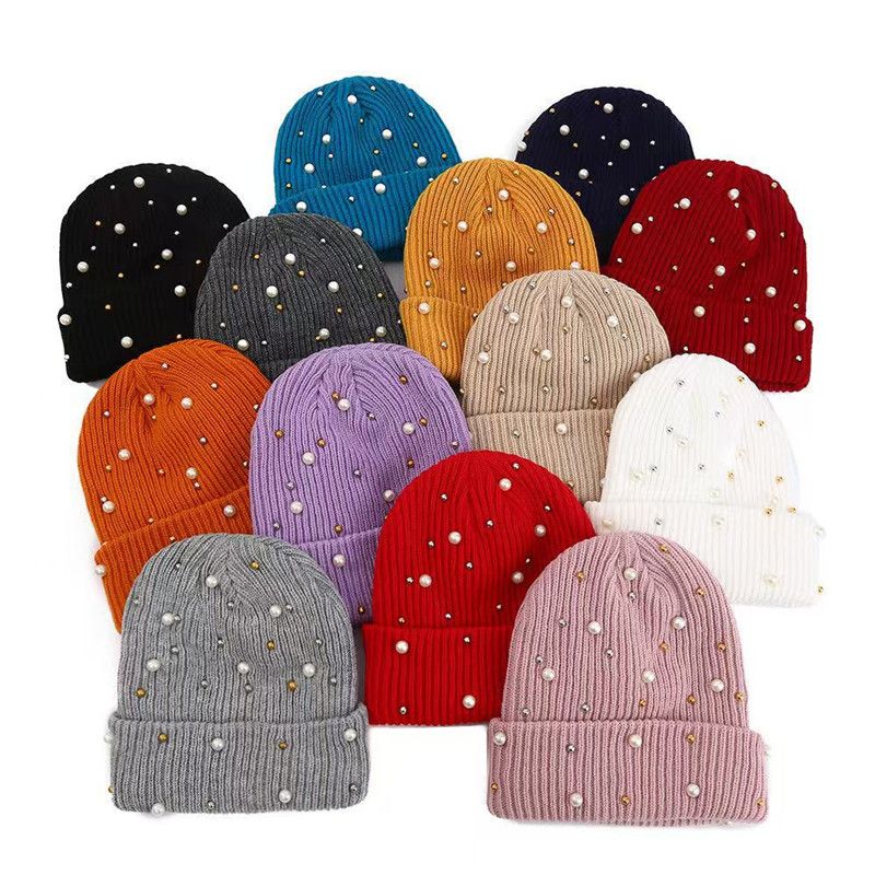 Solid Color Curled Edge Brimless Cap Pearl Decoration Shining Knitted Hat Fashuonable and Ersatile Outdoor Cold Proof Warm Hat