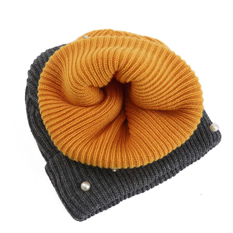 Solid Color Curled Edge Brimless Cap Pearl Decoration Shining Knitted Hat Fashuonable and Ersatile Outdoor Cold Proof Warm Hat
