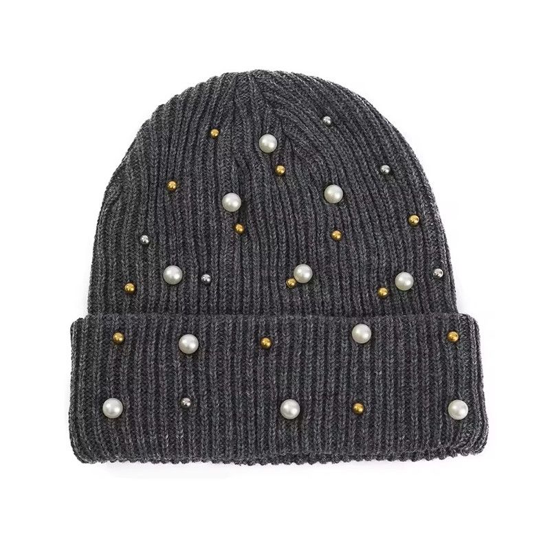 Solid Color Curled Edge Brimless Cap Pearl Decoration Shining Knitted Hat Fashuonable and Ersatile Outdoor Cold Proof Warm Hat