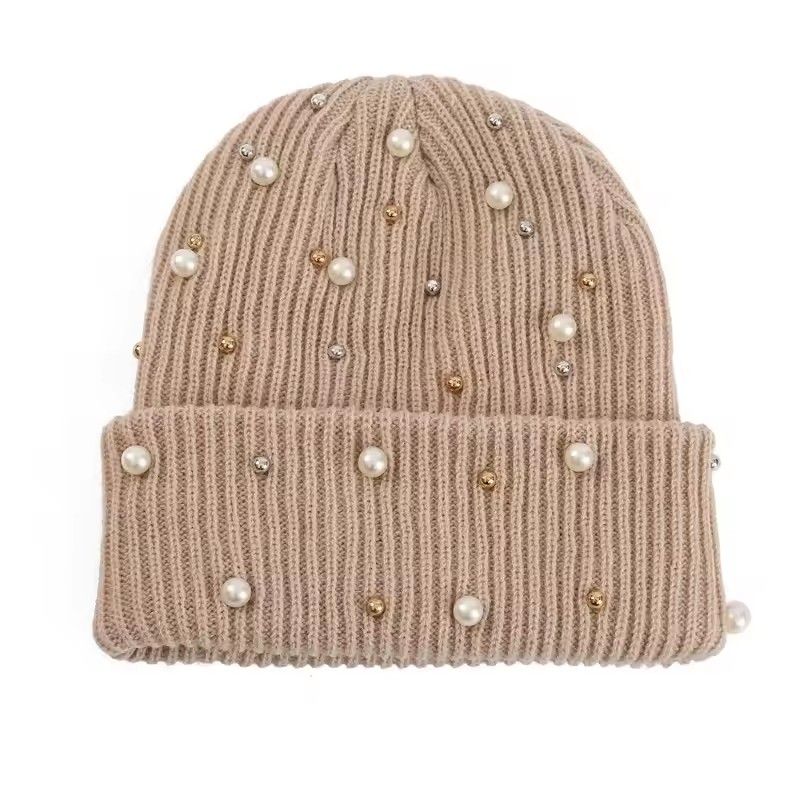Solid Color Curled Edge Brimless Cap Pearl Decoration Shining Knitted Hat Fashuonable and Ersatile Outdoor Cold Proof Warm Hat