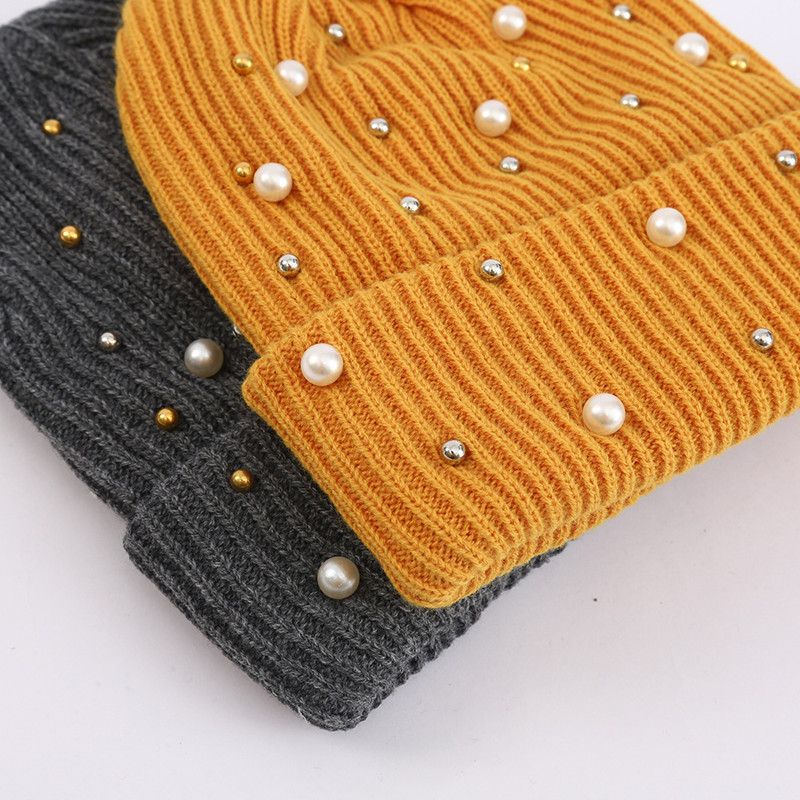 Solid Color Curled Edge Brimless Cap Pearl Decoration Shining Knitted Hat Fashuonable and Ersatile Outdoor Cold Proof Warm Hat