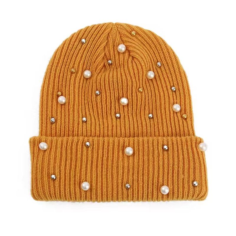 Solid Color Curled Edge Brimless Cap Pearl Decoration Shining Knitted Hat Fashuonable and Ersatile Outdoor Cold Proof Warm Hat