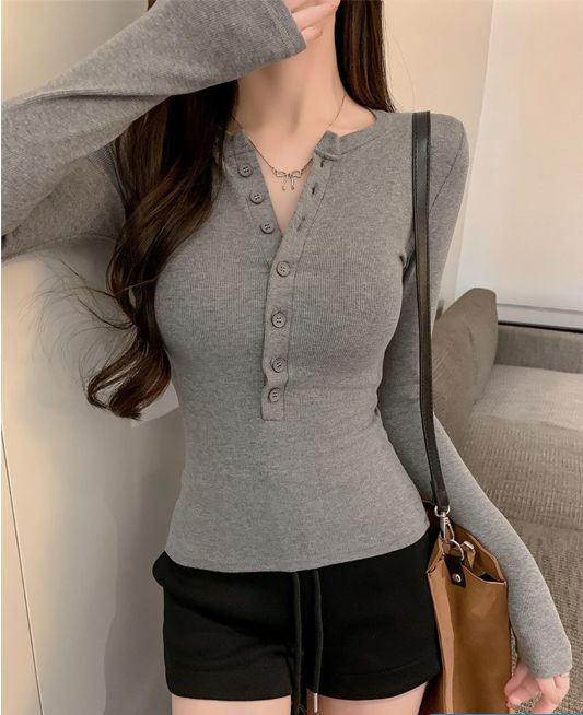 Hot Girl Tight-fitting Long-sleeved T-shirt Women's Autumn and Winter Half-open Collar Bottoming Shirt Slim and Chic inner top