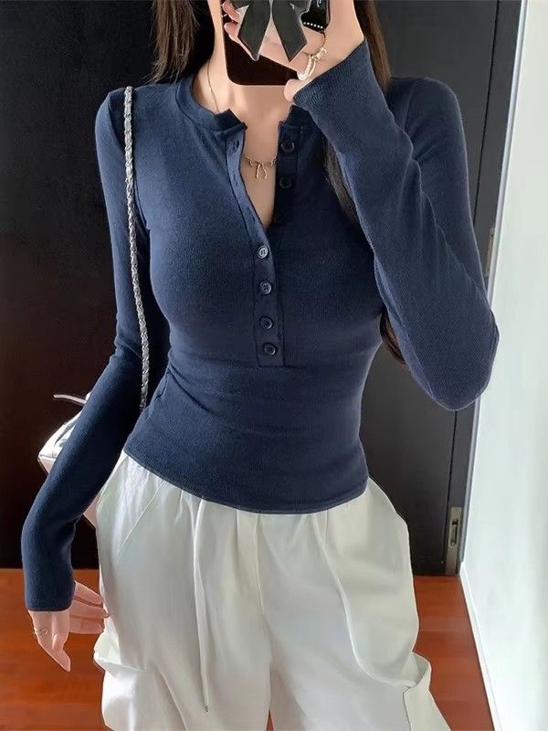 Hot Girl Tight-fitting Long-sleeved T-shirt Women's Autumn and Winter Half-open Collar Bottoming Shirt Slim and Chic inner top