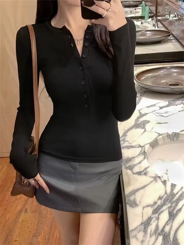 Hot Girl Tight-fitting Long-sleeved T-shirt Women's Autumn and Winter Half-open Collar Bottoming Shirt Slim and Chic inner top