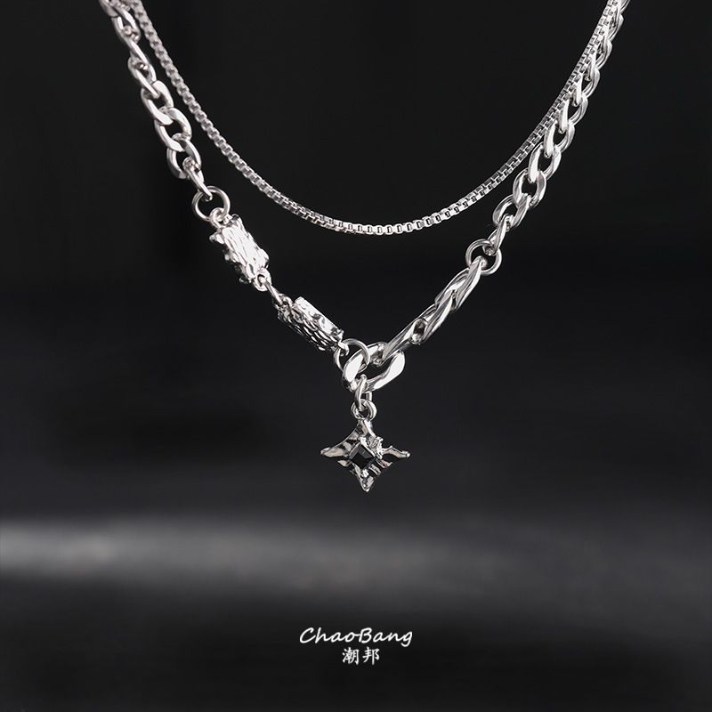 Trendy Double Layered Star Pendant Necklace For Men Unisex Personalized Titanium Steel Chain Necklaces Casual Party Jewelry Gift