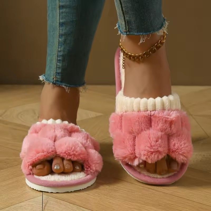 Autumn Winter Women Fashion Indoor Plush Bow Slippers Females New Lovely Bowknot Slides Men Home Cute Warm Fluffy Light Sandals
