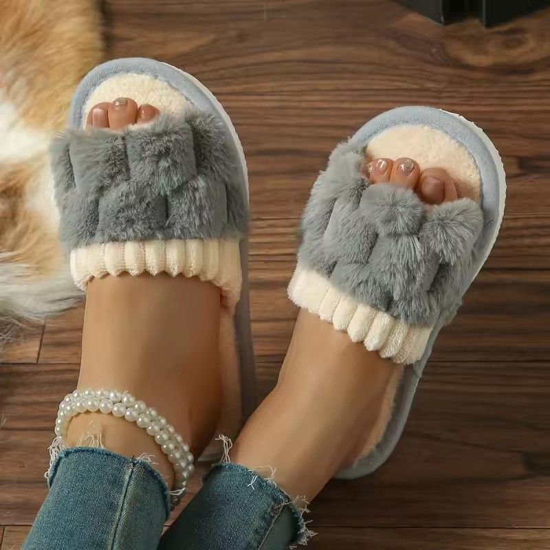 Autumn Winter Women Fashion Indoor Plush Bow Slippers Females New Lovely Bowknot Slides Men Home Cute Warm Fluffy Light Sandals