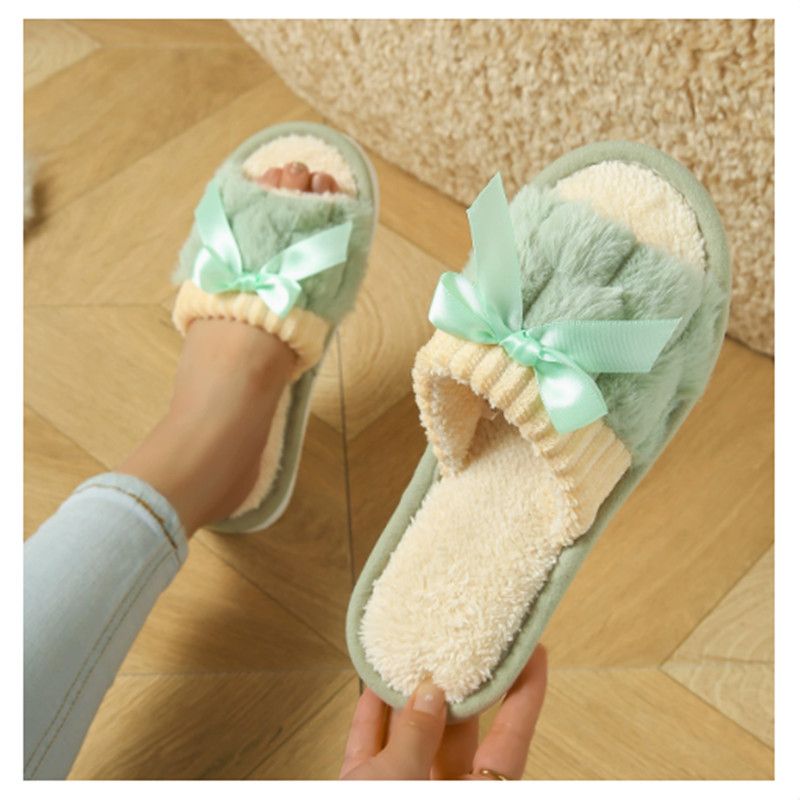 Autumn Winter Women Fashion Indoor Plush Bow Slippers Females New Lovely Bowknot Slides Men Home Cute Warm Fluffy Light Sandals