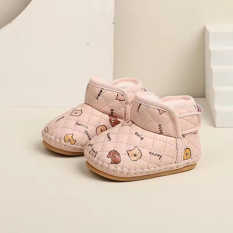 2025 Winter New Baby Kids Short Boots with Thick Fur Cute Girls Snow Boots Cute Bears Hook&loop Baby Walking Shoes Soft Non-slip