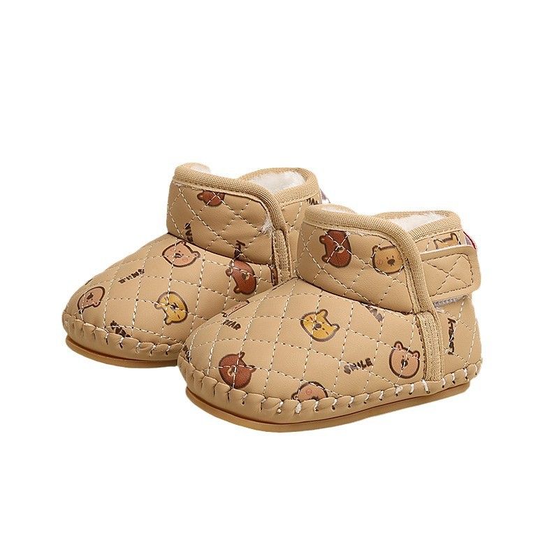 2025 Winter New Baby Kids Short Boots with Thick Fur Cute Girls Snow Boots Cute Bears Hook&loop Baby Walking Shoes Soft Non-slip