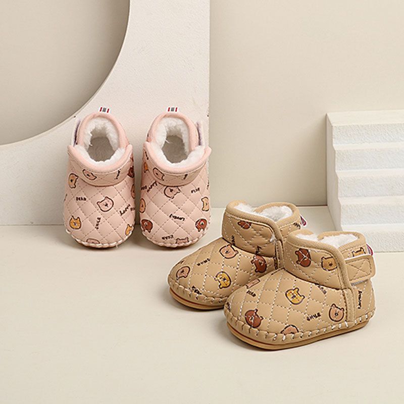 2025 Winter New Baby Kids Short Boots with Thick Fur Cute Girls Snow Boots Cute Bears Hook&loop Baby Walking Shoes Soft Non-slip