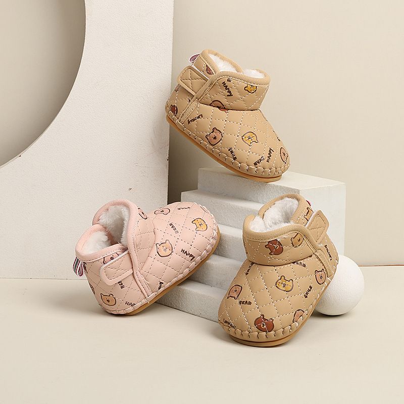 2025 Winter New Baby Kids Short Boots with Thick Fur Cute Girls Snow Boots Cute Bears Hook&loop Baby Walking Shoes Soft Non-slip