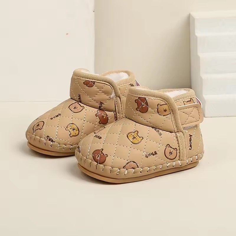 2025 Winter New Baby Kids Short Boots with Thick Fur Cute Girls Snow Boots Cute Bears Hook&loop Baby Walking Shoes Soft Non-slip