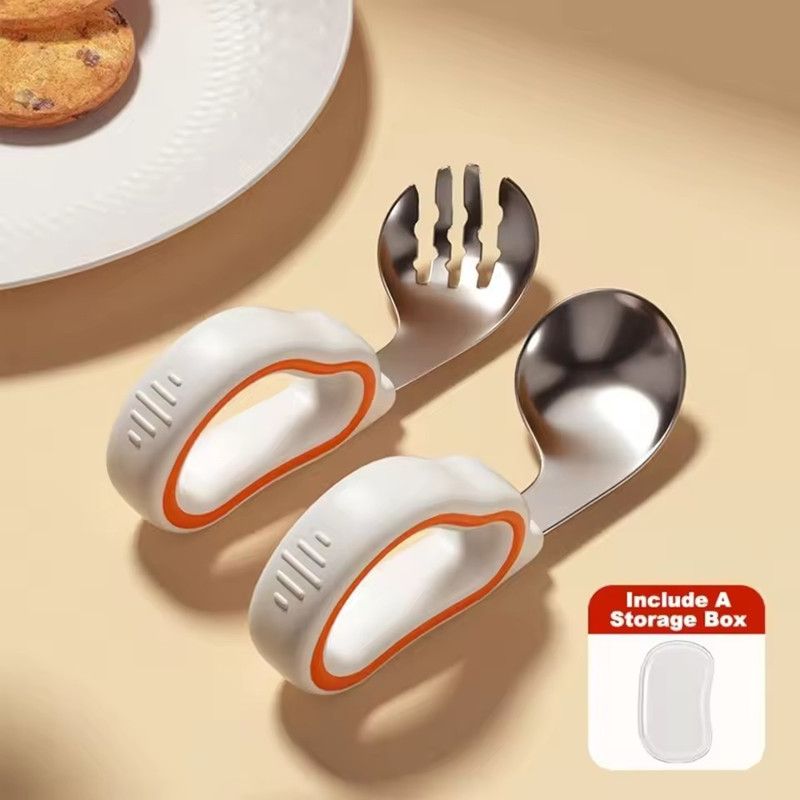 Silicone Baby Fork and Spoon Set Self Feeding with Storage Box Baby Cutlery Short Handle Safe Child Tableware Training EatingZ