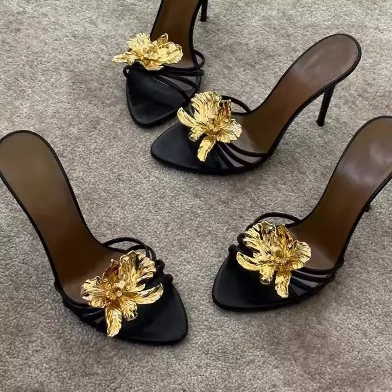 Gold Flower Decor High Heels Slippers Vintage Black Leather 2025 Summer New in Sexy Women's Sandals Luxury Designer Party Shoes