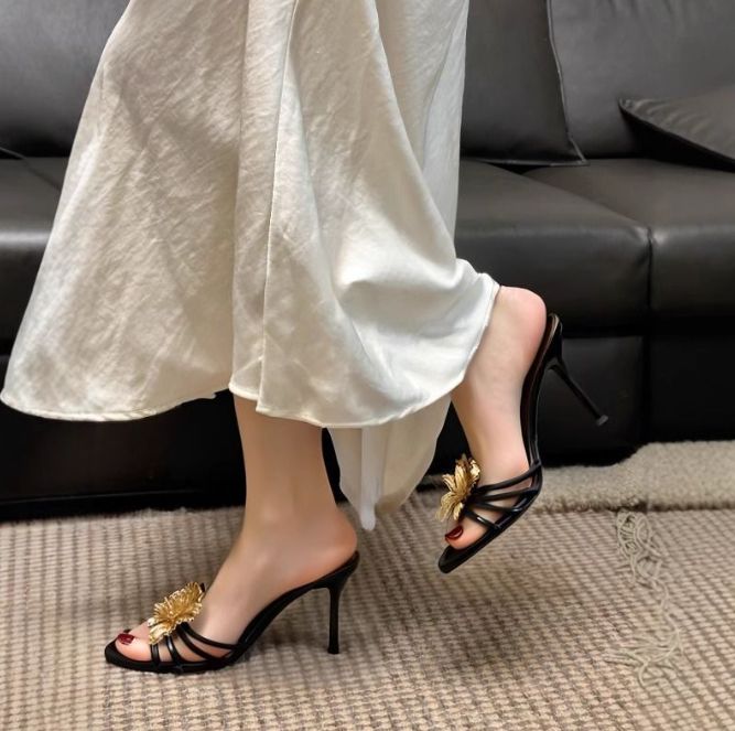 Gold Flower Decor High Heels Slippers Vintage Black Leather 2025 Summer New in Sexy Women's Sandals Luxury Designer Party Shoes